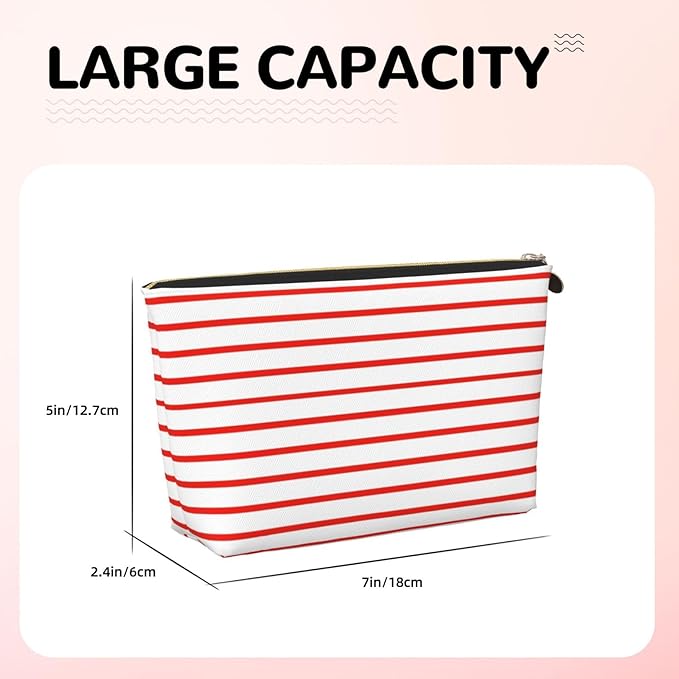 Womens Leather Makeup Bag Cosmetic Bag Travel Toiletry Bags Make Up Bags for Women Adult (White Red Line 2)