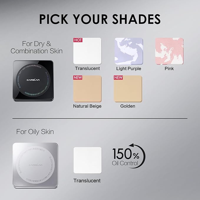 CARSLAN 1.0 Waterproof Face Pressed Powder Compact, 24H Longlasting Oil Control Pressed Setting Powder Talc-Free Makeup, Shine Free, Poreless, Smooth, 01 Natural Beige for dry&com skin (0.28Oz)