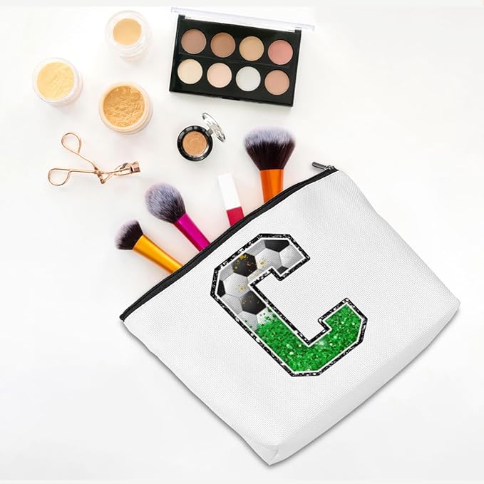 Soccer Gifts Initial Makeup Bag Monogrammed Cosmetic Bag Letter C Zipper Pouch Soccer Accessories for Girls Women Soccer Player Coach Friend Soccer Stuff Graduation Birthday Gifts