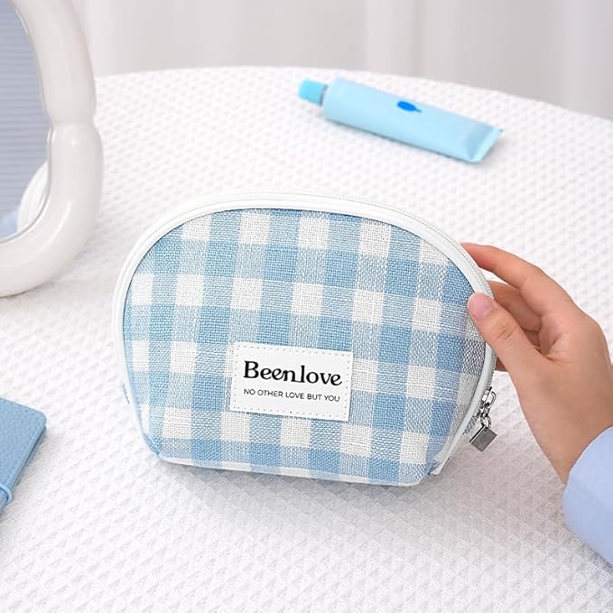 FAELBATY Checkered Makeup Bag, 3 Pack Large Travel Makeup Bag Set, Cosmetic Bag for Women (Blue)