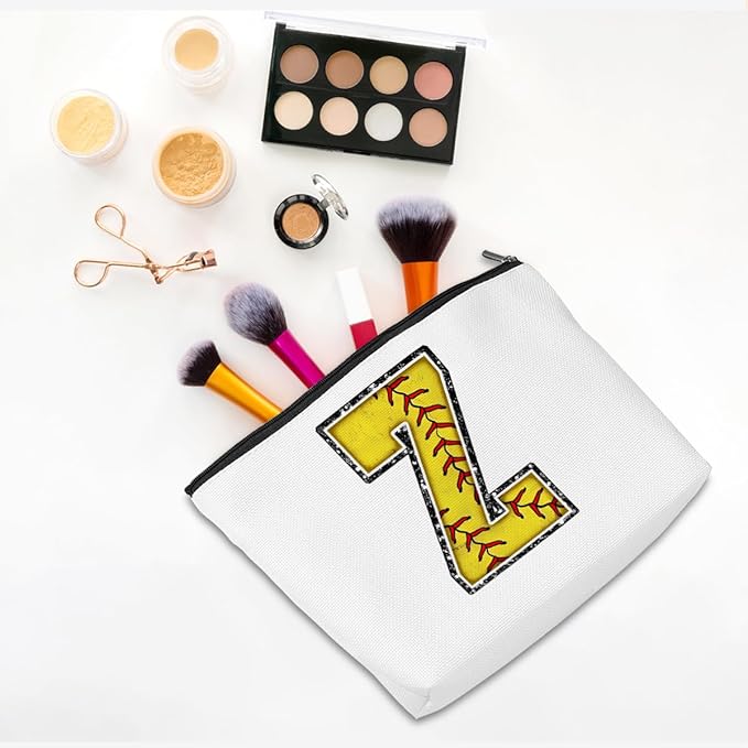 Softball Gifts Initial Monogrammed Cosmetic Bag Letter Z Zipper Pouch for Girls Women Softball Player Coach Friend Graduation Birthday Gifts