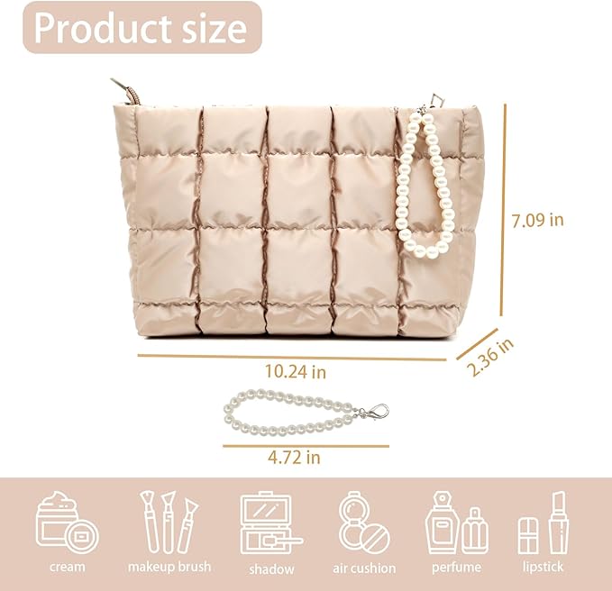 Puffer Quilted Makeup Bag Travel Cosmetic Bag Portable Puffy Checkered Toiletry Pouch Skincare Organizer Purse Pencil Case (Champagne Gold)