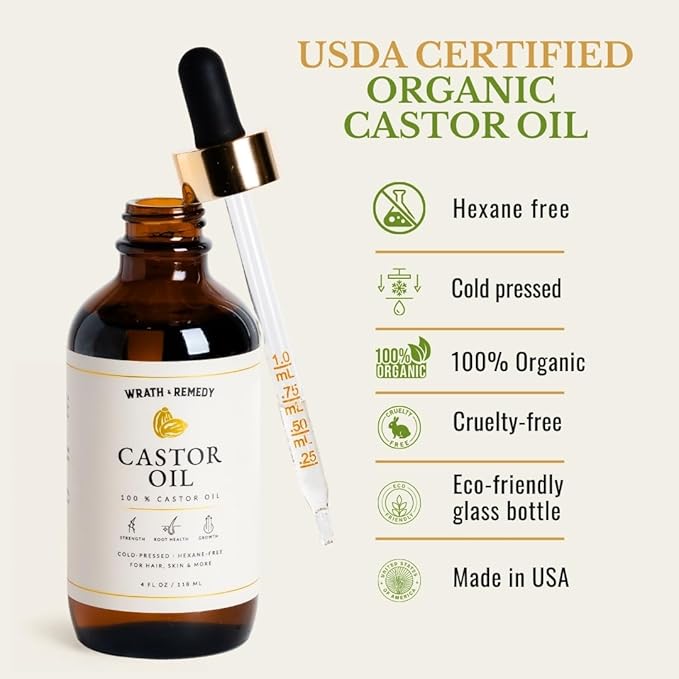 Castor Oil Organic Hexane Free — USDA Certified, 100% Pure Cold Pressed Organic Castor Oil for Hair Growth & Strength, Fuller Lashes & Eyebrows, Hydrated & Rejuvenated Skin (Finest Glass Bottle, 4OZ)