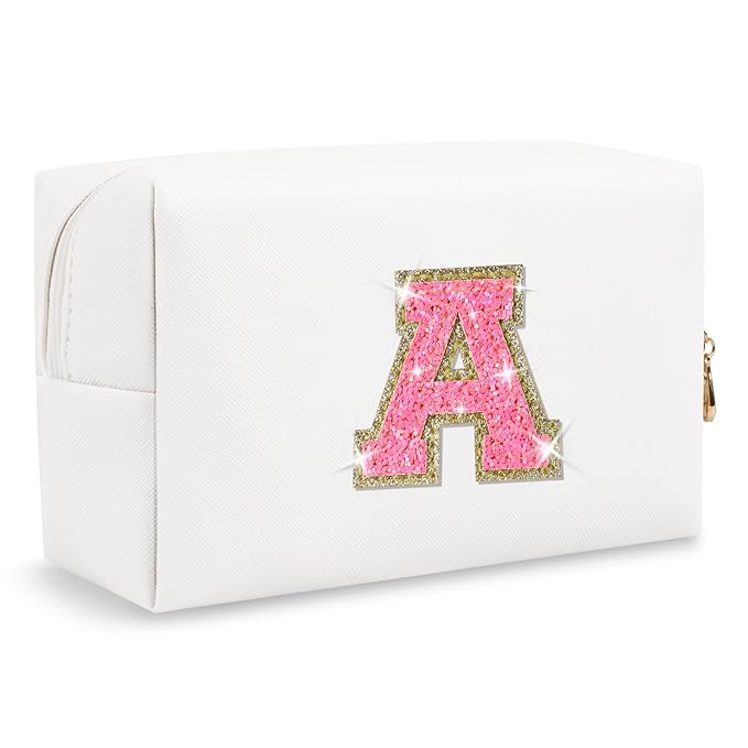 Small Personalized Initial A-Z Patch Makeup Bag,White Cute PU Leather Glitter Letter Cosmetic Bag for Teen Girls,Travel Toiletry Bag with Zipper,Preppy Monogrammed Birthday Gift for Daughter Niece A