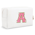 Small Personalized Initial A-Z Patch Makeup Bag,White Cute PU Leather Glitter Letter Cosmetic Bag for Teen Girls,Travel Toiletry Bag with Zipper,Preppy Monogrammed Birthday Gift for Daughter Niece A