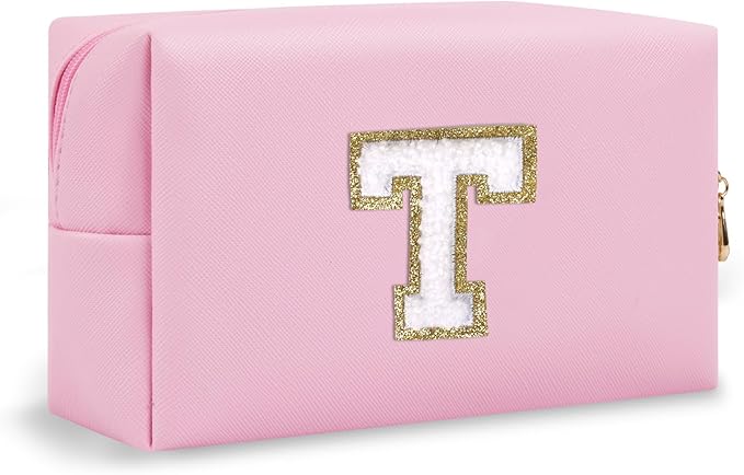 Personalized Small Travel Preppy Makeup Bag, Chenille Letter Pink Cute Makeup Bag Initial Cosmetic Pouch Toiletry Organizer, PU Leather Waterproof Makeup Storage Teacher Appreciation Gifts(Letter T)