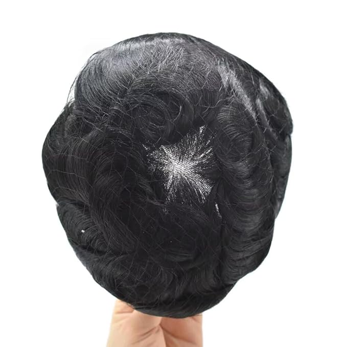 FACE MIRACLE Mens Hair System French Lace Center Mens Toupee Human Hair Replacement System Lace with PU Toupee for Men Male Hair Piece Wigs 6"X9" #1B20 Off Black with 20% Gray