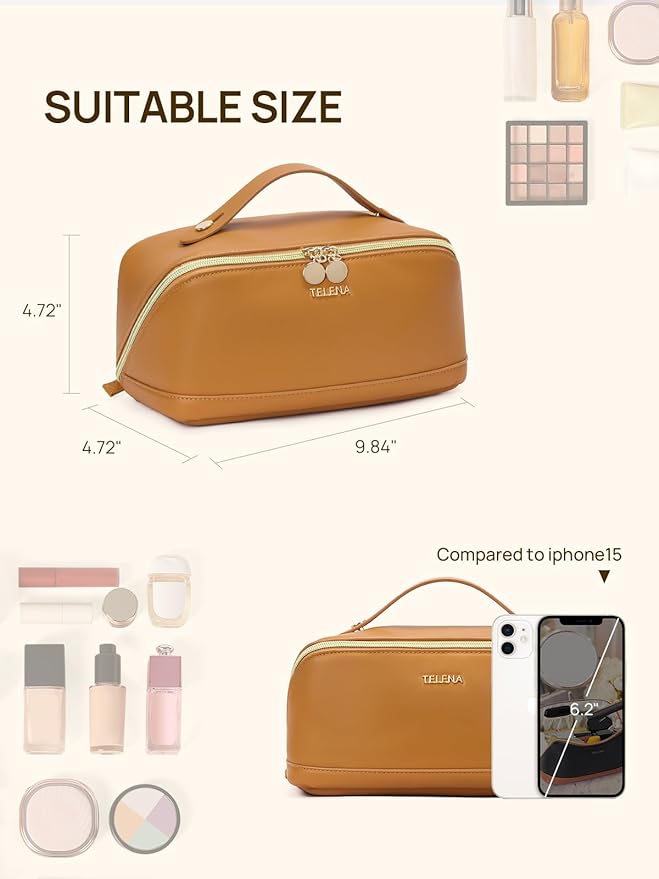 Telena Leather Make Up Bag Portable Travel Makeup Bag Waterproof Cosmetic Bags for Women Large Capacity With Handle and Divider Open Flat