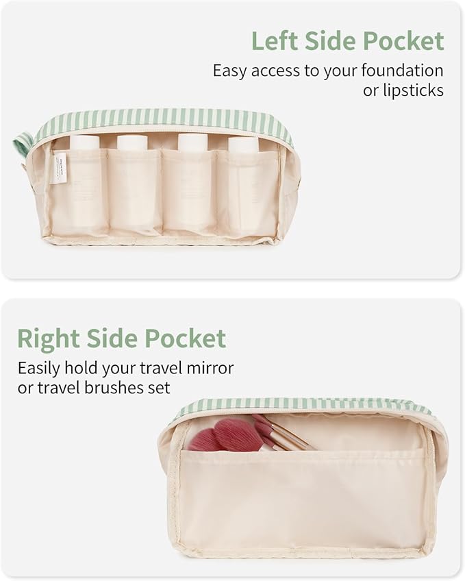 Narwey Cute Makeup Bag Small Toiletry Bag Travel Cosmetic Bag Organizer Make Up Bags with Organized Pockets for Women (Mint Green Stripe, Large)