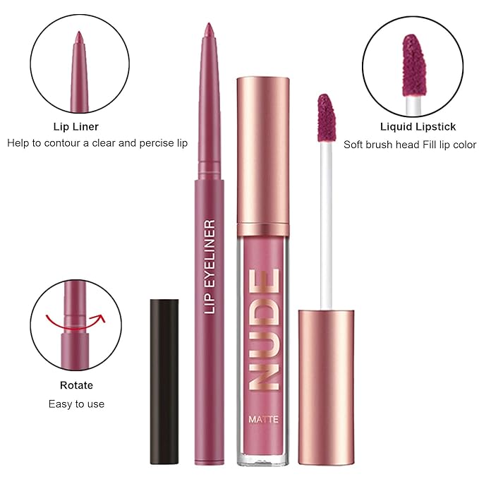 2Pcs Matte Lipstick and Lip Liner Set, Cream Nude Mauve Long Lasting Waterproof Lipliner Pencil & Plumper Lip Gloss, Retractable Lip Liner and Liquid Lipstick for Women Girls Lip Makeup (#02)