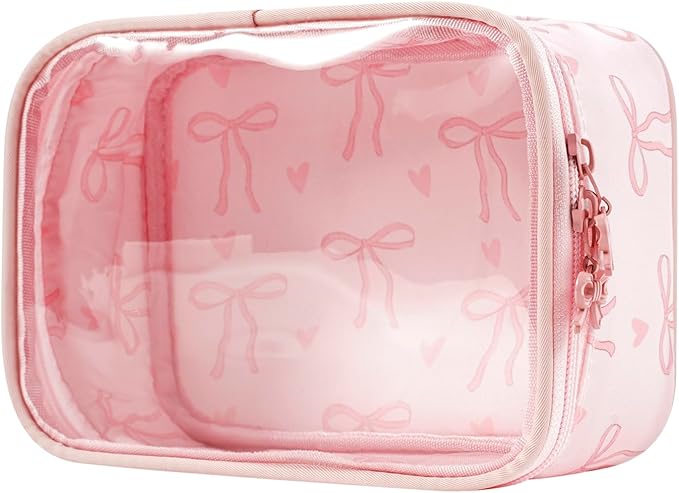 Cute Clear Makeup Bag with Bow Patten,Transparent Nylon Travel Cosmetic Case with Zipper,Portable Makeup Organizer Pouch for Essentials(04Pinkbow-pink)