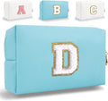 Small Personalized Letter Makeup Bag, Cute PU Leather Chenille Letters Cosmetic Bag Travel Makeup Pouch, Preppy Travel Organizer Zipper Pouch for Women&Girls（Blue-D）