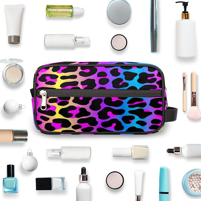 Rainbow Cheetah Leopard Print Travel Toiletry Bag for Women Men Lightweight Cosmetic Makeup Bag Organizer Waterproof Shaving Bag Dopp Kit with Large Capacity for Toiletries and Shaving Accessories