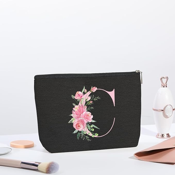 A-Z Personalized Cosmetic Bag Monogrammed Makeup Bags Bridesmaid Gifts Custom Toiletry Pouch Gifts for Women Mom Best Friend Sister Bride Bridesmaid (C)