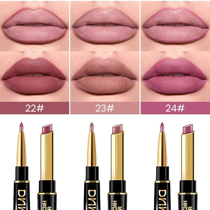 BINGBRUSH 3Pcs Double Ended Light Mauve Red Nude Beige Matte Lip Liner and Lipstick Makeup Combo Set for Women,Plum Rose Lipliner 24 Hours Original Waterproof Long Lasting Lip Stains Pencil Kit Set
