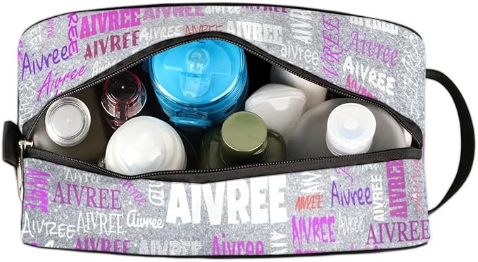 Personalized Travel Cosmetic Bag Waterproof Makeup Bags, Custom Name Organizer Case Toiletries Container Bag Silver Glitters
