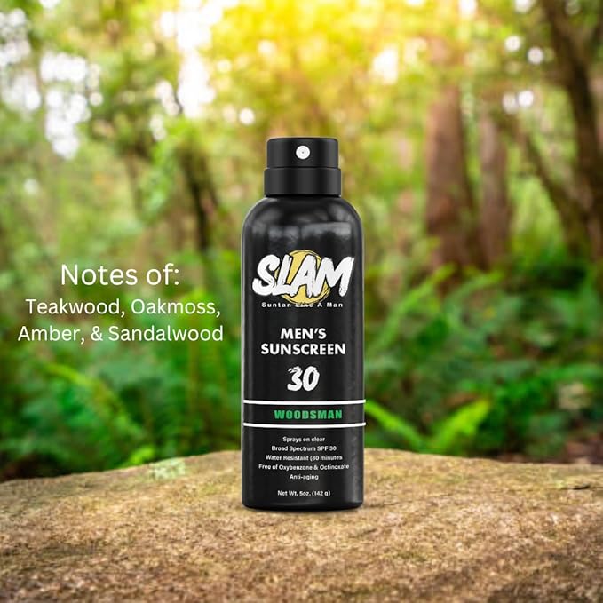 SLAM WoodsMan Men's Scented Sunscreen Spray SPF 30 – Broad Spectrum Sun Screen Spray for Face & Body, Water Resistant & Sweat Resistant Sunscreen, UVA/UVB Protection, Sunblock for Men