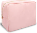 Nylon Large Makeup Bag Travel Pouch for Women, Preppy Big Pink Makeup Bag Cute Cosmetic Zipper Pouch Purse, DIY Chenille Letter Bag Waterproof Toiletry Bag Clutch Makeup Organizer for Women Girl(Pink)