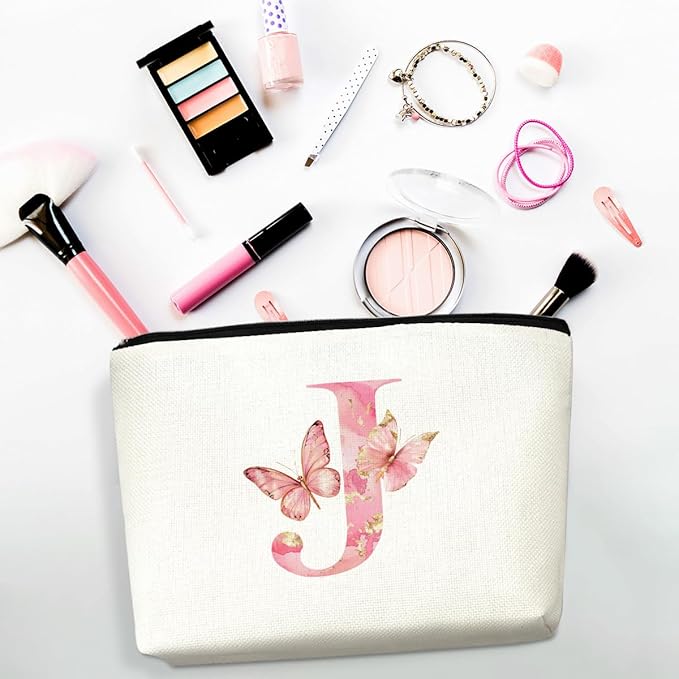 Initial Makeup Bag Pink Butterfly J Personalized Cosmetic Bag Monogrammed Gifts for Women Girls Bride Friends Monogram Zipper Pouch for Friendship Mothers Day Birthday Wedding Bridal Shower Gifts