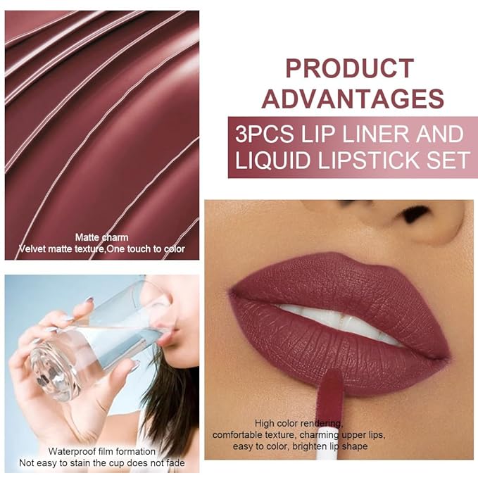 3Pcs 2 in 1 Dark Red Nuetral Mauve Red Brown Matte Lip Liner and Liquid Lipstick Stain Makeup Set for women, Long Lasting Smudge Proof Lip Tint Matte Finish Lip Gloss for All-Day Color Hold Set34