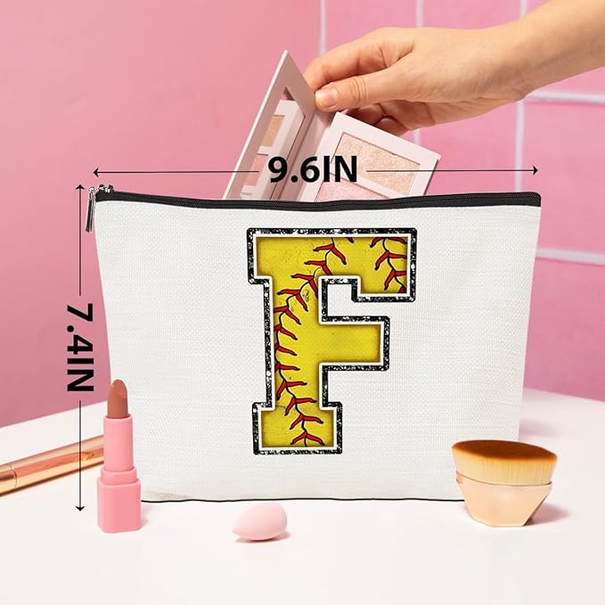 Initial Makeup Bag Monogrammed Cosmetic Bag Yellow Letter F Zipper Pouch Softball Accessories for Girls Women Player Coach Friend Graduation Birthday Gifts