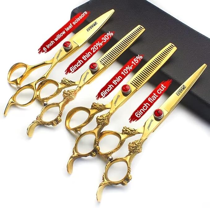 Gold Dragon Professional Hairdressing Scissors - 7/7.5/8 Inch, Gold and Black, 6 Inch 4-Piece Set