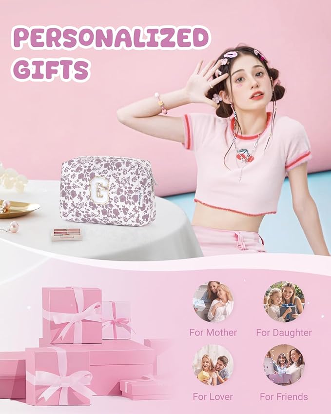 Narwey Birthday Gifts for Teen Girls Kids Women Personalized Initial Floral Makeup Bag Cute Cosmetic Trendy Stuff 6 8 10 11 12 13 14 16 18 Years Old Travel Toiletry Bag (Little Dusty Pink Flower G)