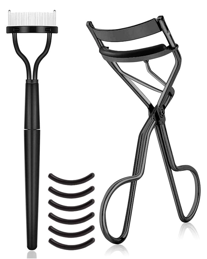 Eyelash Curler Kit Metal Lash Curlers with Eyelashes Separator Comb Tools & 6 Replacement Refill Pads (Black)