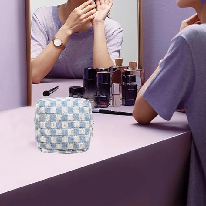 Small Blue Makeup Bag for Purse, Mini Checkered Cosmetic Bag Zipper Cute Make Up Pouch Travel Toiletry Case Quilted Aesthetic Accessories Makeup Storage Bag Organizer for Women Girls