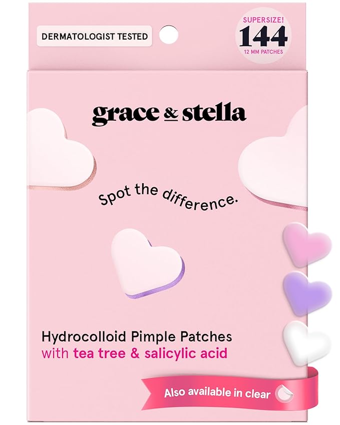 grace & stella Award Winning Pimple Patches for Face - Dermatologist Tested Acne Patches - Hydrocolloid Patch for Breakouts, Whiteheads - Vegan Acne Spot Treatment for Face (Heart, 144 Count)