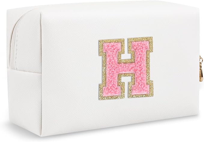 Personalized Chenille Letter Preppy Makeup Bag, Small White Travel Cosmetic Bag Initial Toiletry Zipper Pouch Monogram Makeup Storage, Waterproof Makeup Storage Travel Essentials for Female(Letter H)
