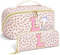 Personalized Travel Makeup Bag Set,Initial Travel Cute Floral Makeup Organizer Bag,Toiletry Skincare Cosmetic Bag,Christmas Gifts for Women/Girls,Open Flat Toiletry Pouch with Brush Pocket-L