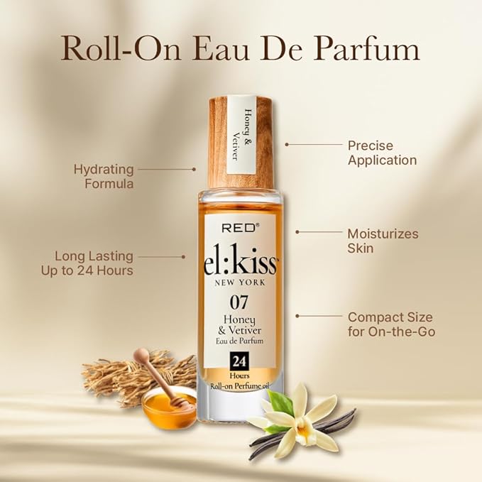 EL:KISS Roll On Perfume, Honey & Vetiver Eau de Parfum 12mL (.40 Fl Oz), Hydrating & Long-Lasting, Alcohol-Free & Mineral Oil-Free, Infused with Jojoba, Argan & Coconut Oil