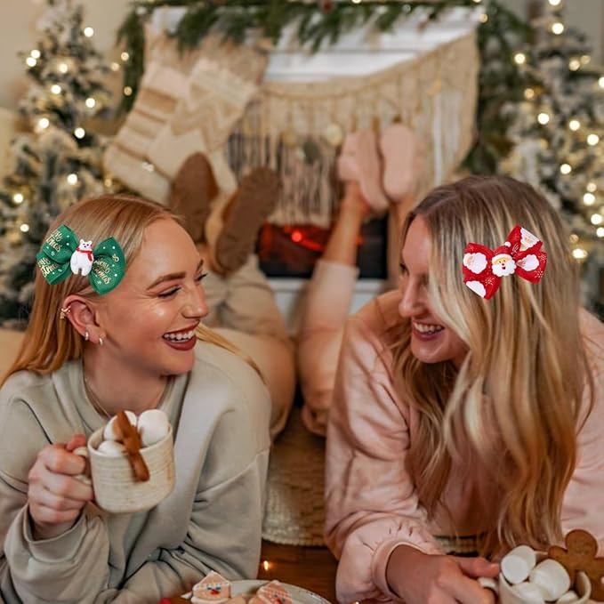 4 Pcs Christmas Hair Clips Glitter Xmas Bow Hair Accessories for Girls Cute Bear Santa Claus Hairpin Ribbon Winter Hair Barrettes Red Green Holiday Claw Clips for Women Christmas Hair Decoration