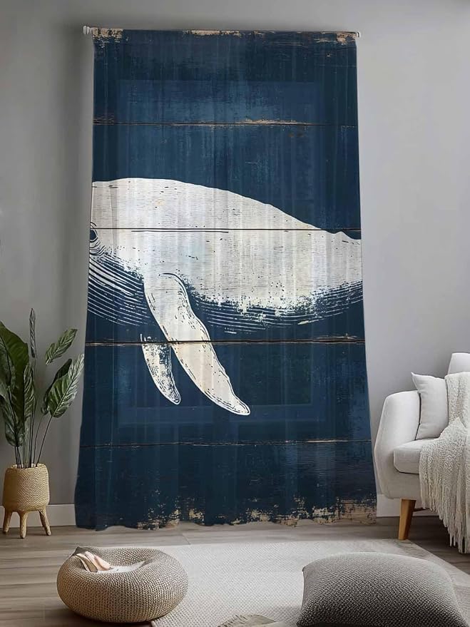 Sheer Curtains 84 Inches Long, Ocean Whale Blue Semi Sheer Curtains Light - Image 2