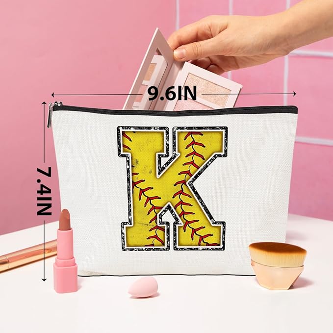 Initial Makeup Bag Monogrammed Cosmetic Bag Yellow Letter K Zipper Pouch Softball Accessories for Girls Women Player Coach Friend Graduation Birthday Gifts