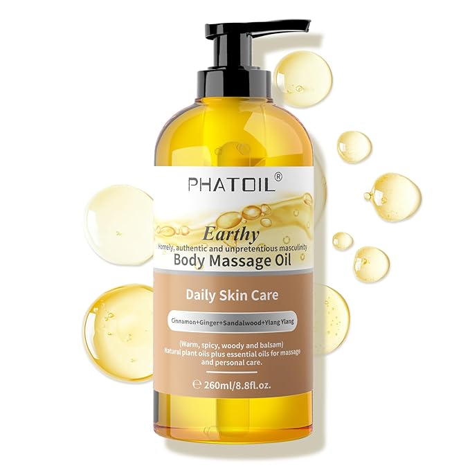 PHATOIL Sandalwood Body Oil for Men with Ginger, YlangYlang, Cinnamon, 260ml Large Bottle Body Oil for Skin, 8.8 fl.oz Premium Moisturizer Oil for After Shower, Great for Skin and Body Care