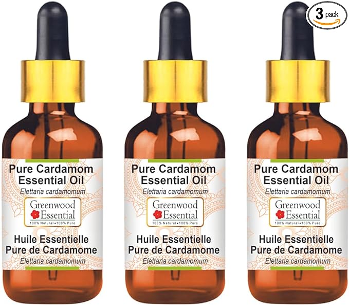 Greenwood Essential Pure Cardamom Essential Oil (Elettaria cardamomum) with Glass Dropper Steam Distilled (Pack of Three) 100ml X 3 (10.1oz)