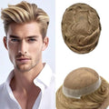 FACE MIRACLE Mens Toupee Lace Front Hairpieces Soft Human Hair Replacement System Natural Hairline Toupee for Men French Lace Poly V-Looped Mens hair Units 6"X8" #18 Medium Blonde