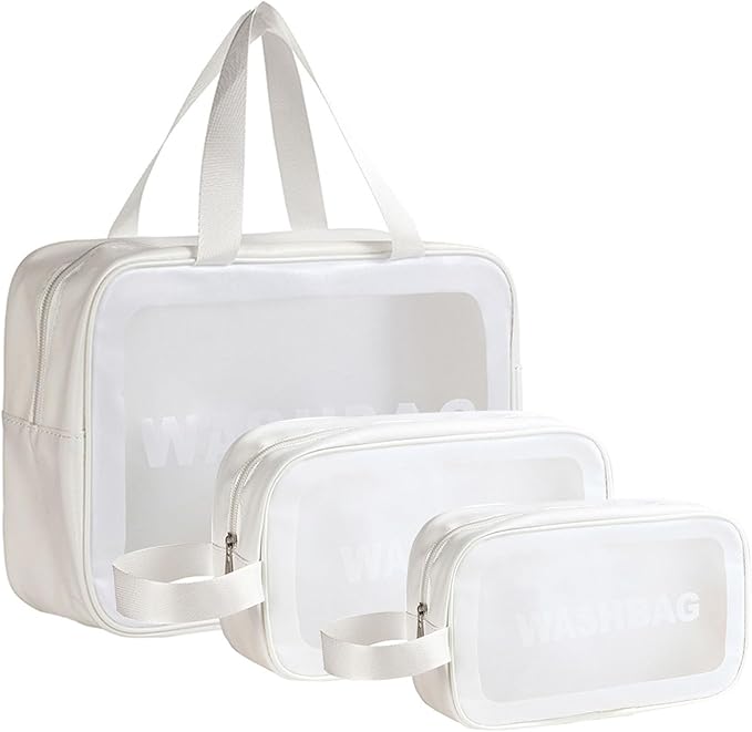 Clear Travel Bags for Toiletries,3 Pack Toiletry Bag,Matte Translucent Toiletry Bag,Makeup Bag With Handy Handle,Travel Pouch,Makeup Cosmetic Organizer for Travel Essentials(White)