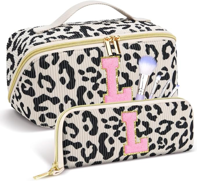 Personalized Travel Makeup Bag Set,Initial Travel Cute Leopard Makeup Organizer Bag,Toiletry Skincare Cosmetic Bag,Christmas Gifts for Women/Girls,Open Flat Toiletry Pouch with Brush Pocket-L
