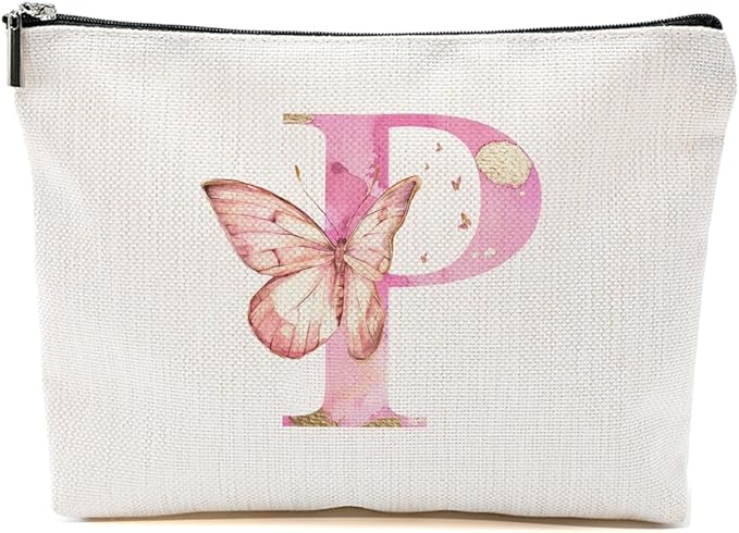 Christmas Thank You Gifts, Initial Makeup Bag Pink Butterfly P Personalized Cosmetic Bag Monogrammed Gifts for Women Girls Bride Bridesmaid Zipper Pouch for Birthday Wedding Bridal Shower Gifts