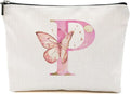 Christmas Thank You Gifts, Initial Makeup Bag Pink Butterfly P Personalized Cosmetic Bag Monogrammed Gifts for Women Girls Bride Bridesmaid Zipper Pouch for Birthday Wedding Bridal Shower Gifts