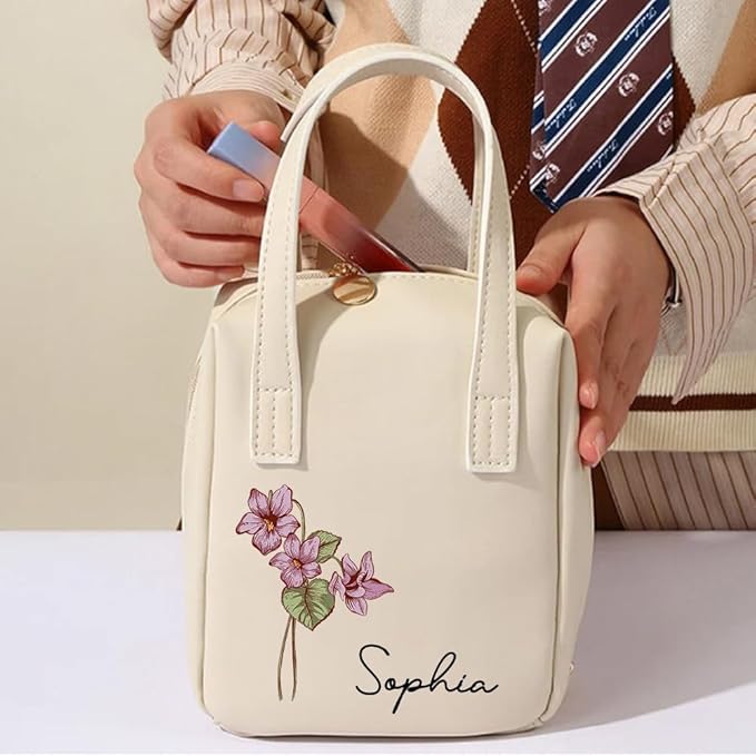 Custom Name Leather Makeup Bag Travel Toiletry Bag with Birth Flower Handle Personalized Make Up Storage Bags for Women Large Capacity Cosmetic Bag Organiser Vanity Case Womens Toiletries Wash Bags