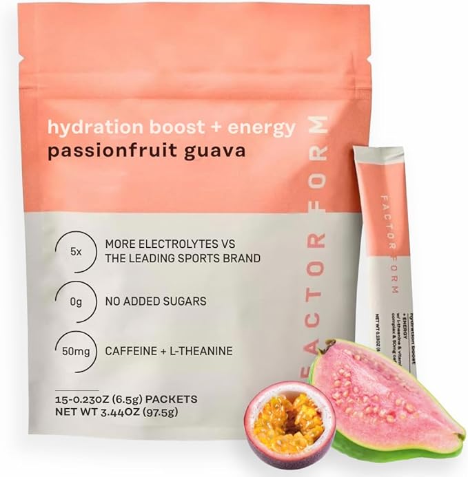 Hydration Boost Electrolyte Powder | Vitamin C, D, B6 & B12, for Energy & Immunity | No Added Sugar | 50mg of Caffeine from Green Coffee Beans + L-Theanine (15 Packets, Passionfruit Guava)