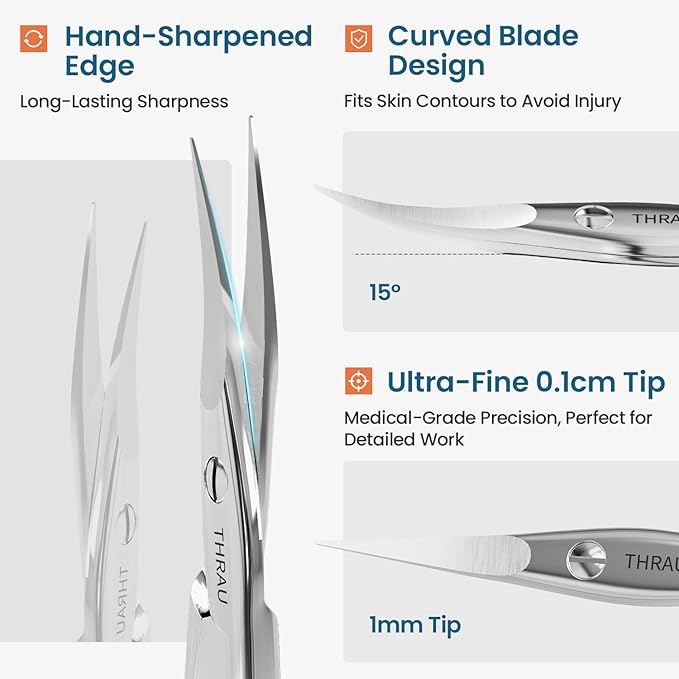 THRAU Right-Handed Cuticle Scissors – Surgical Grade Stainless Steel with Sharp Curved Tip for Cuticles, Nails, Eyebrows, Eyelashes, Nose Hair & Beard – Ideal for Manicure & Precise Grooming
