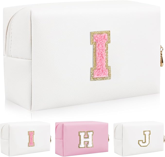 Iqimott Personalized Initial Letter Patch Makeup Bag, Preppy Portable Chenille Letter Cosmetic Bag with Zipper, PU Leather Waterproof Travel Toiletry Bag Monogram Make Up Pouch for Women Girls