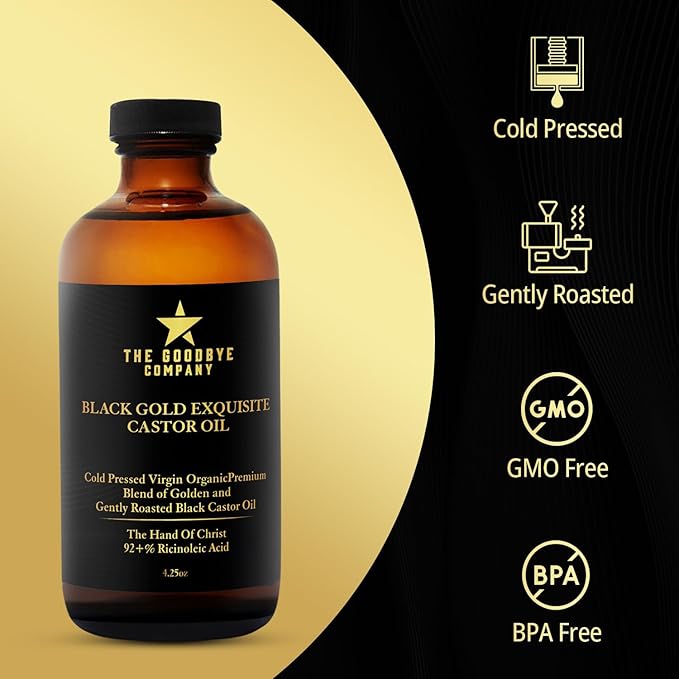 The Goodbye Company Black & Gold Castor Oil Blend – Cold-Pressed & Unrefined – Pure Hexane-Free Oil for Hair, Skin, Body, Eyelashes & Eyebrows