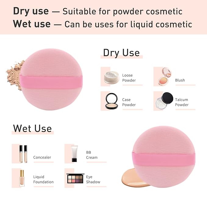 12 PCS Cotton Powder Puff, Face Puff Makeup Puffs Pads, Velour Body Puff for Loose Powder Foundation (Pink)