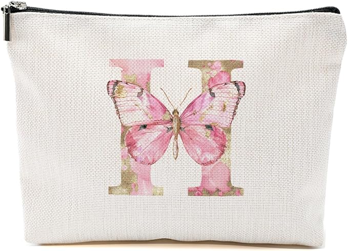 Initial Makeup Bag Pink Butterfly H Personalized Cosmetic Bag Monogrammed Gifts for Women Girls Bride Mom Monogram Zipper Pouch for Friendship Mothers Day Birthday Wedding Bridal Shower Gifts